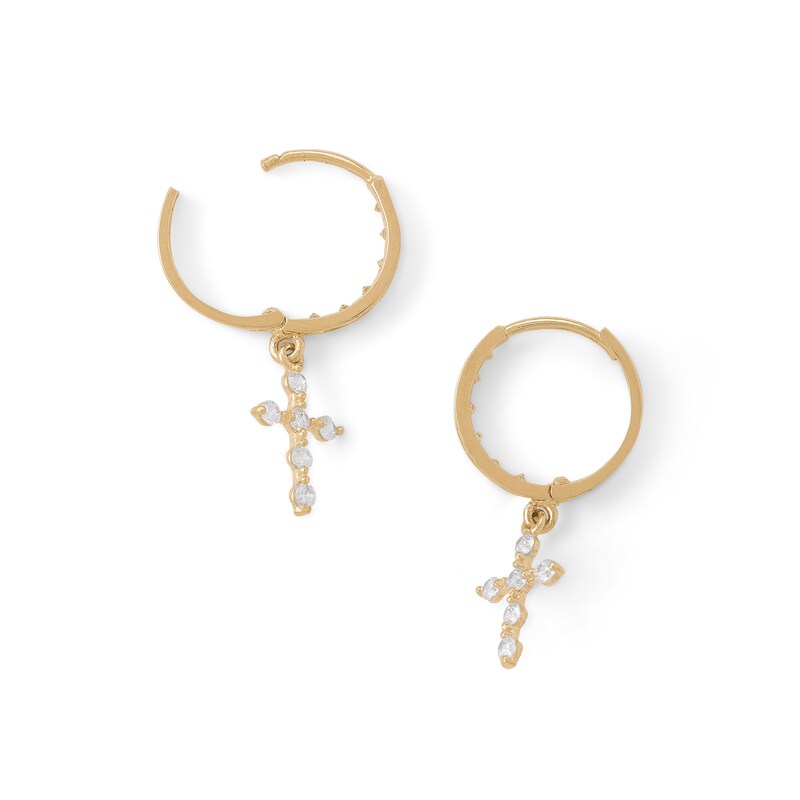 Main Image 4 of Cubic Zirconia Cross Dangle Huggie Hoop Earrings in 14K Solid Gold