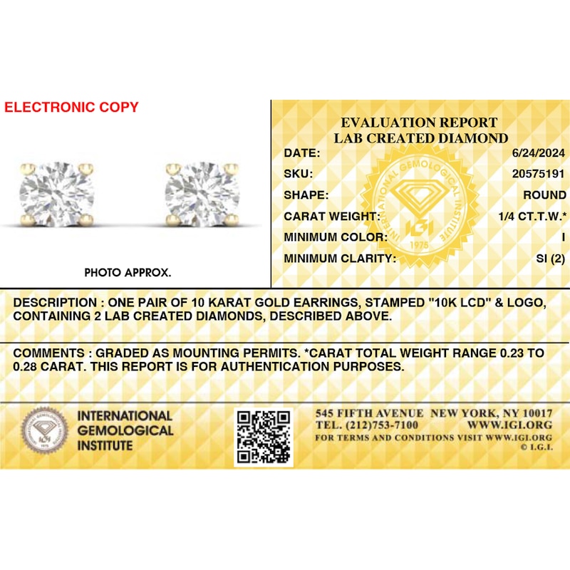 Main Image 5 of 10K Solid Gold 1/4 CT. T.W. Lab-Grown Diamond Solitaire Studs