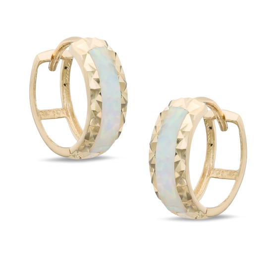 Synthetic Opal Huggie Earrings in 10K Gold