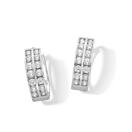 Cubic Zirconia Two Row 11mm Huggie Earrings in 10K White Gold