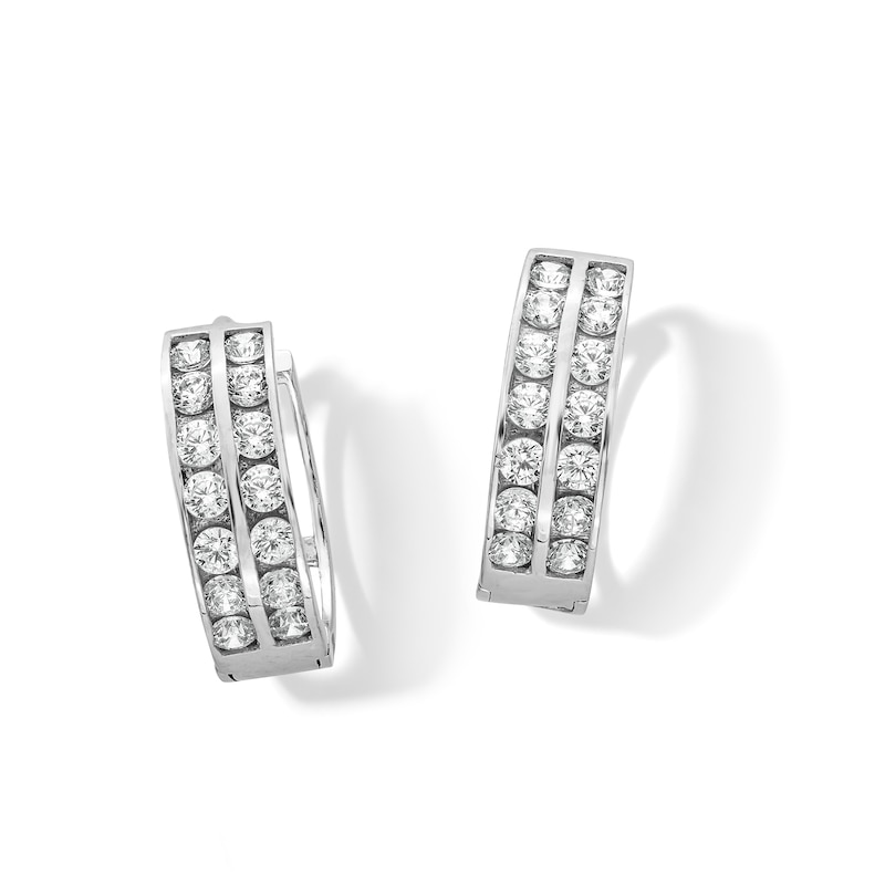 Main Image 1 of Cubic Zirconia Two Row 11mm Huggie Earrings in 10K White Gold