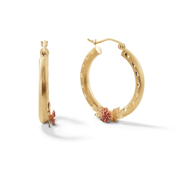 10K Two-Tone Gold Diamond-Cut Rose on Hoop Earrings