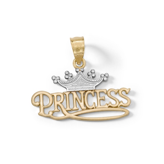 Textured Princess with Crown Two-Tone Necklace Charm in 10K Gold