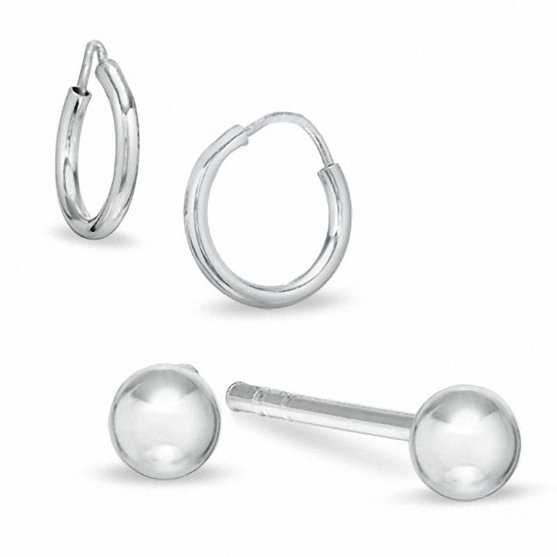 Main Image 1 of 3mm Ball and 10mm Hoop Earrings Set in Sterling Silver