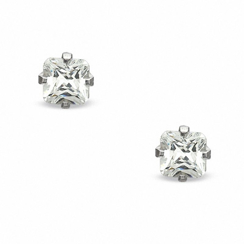 Main Image 1 of 4mm Princess-Cut Cubic Zirconia Solitaire Stud Piercing Earrings in 14K Solid White Gold