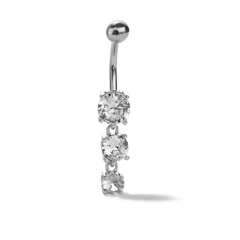 Main Image 1 of Solid Stainless Steel CZ Three-Stone Dangle Belly Button Ring - 14G