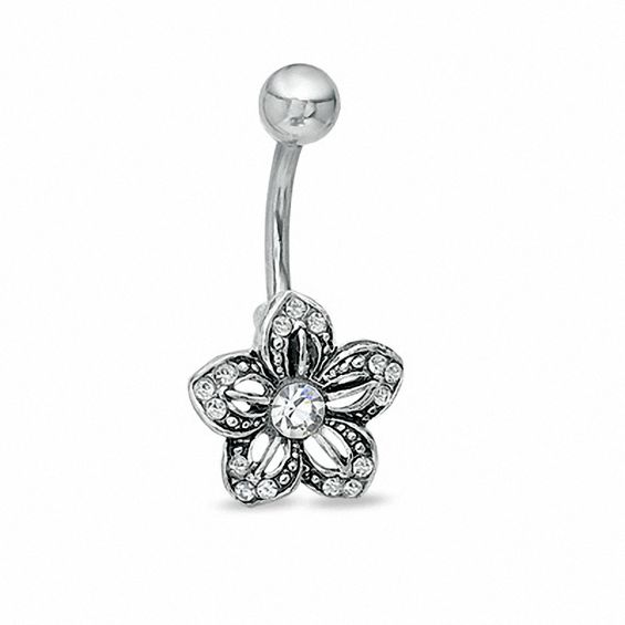 014 Gauge Flower Belly Button Ring with Cubic Zirconia in Stainless Steel