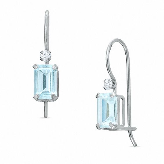 Emerald-Cut Aquamarine Drop Earrings in 10K White Gold with CZ's