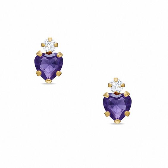 4mm Heart Amethyst Stud Earrings in 10K Gold with CZ