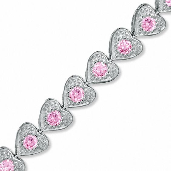 Pink Cubic Zirconia Hearts Tennis Bracelet in Sterling Silver - 7.25"