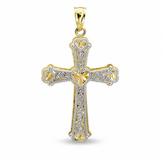 Filigree Cross Charm with Diamond-Cut Hearts in 10K Two-Tone Gold