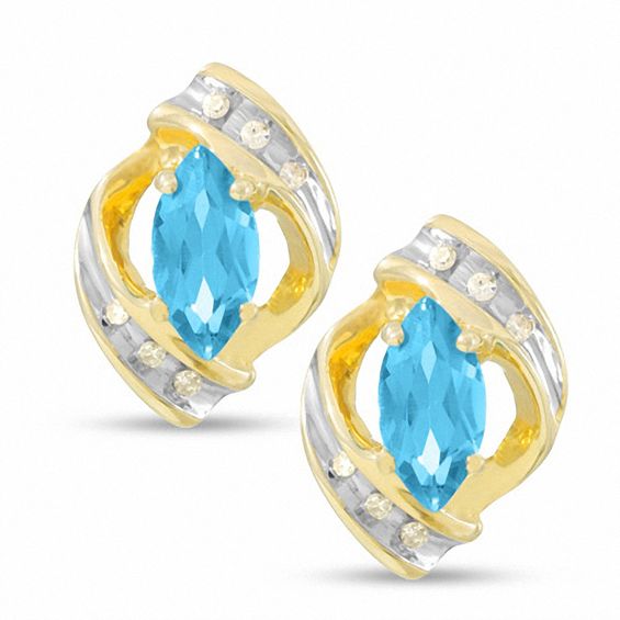 Marquise Blue Topaz Earrings in 10K Gold with Diamond Accents