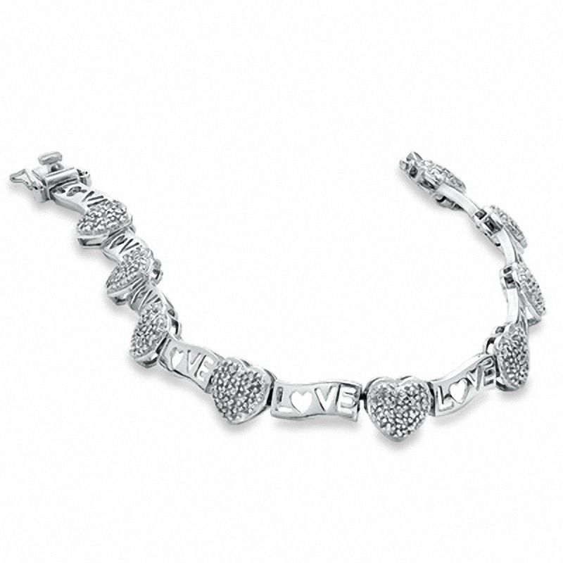 Diamond Accent Cluster Heart and LOVE Link Bracelet in Sterling Silver - 7.25"