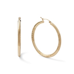 40mm Satin and Florentine Hoop Earrings in 10K Tube Hollow Gold