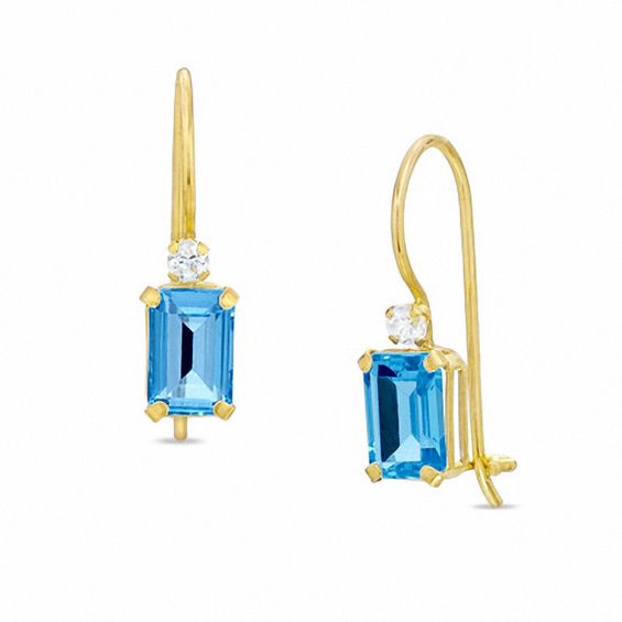 Emerald-Cut Blue Topaz Drop Earrings in 10K Gold with CZ