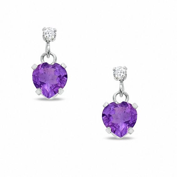 5mm Heart-Shaped Amethyst Drop Earrings in 10K White Gold with CZ