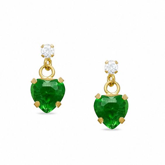 5mm Heart-Shaped Lab-Created Emerald Drop Earrings in 10K Gold with CZ