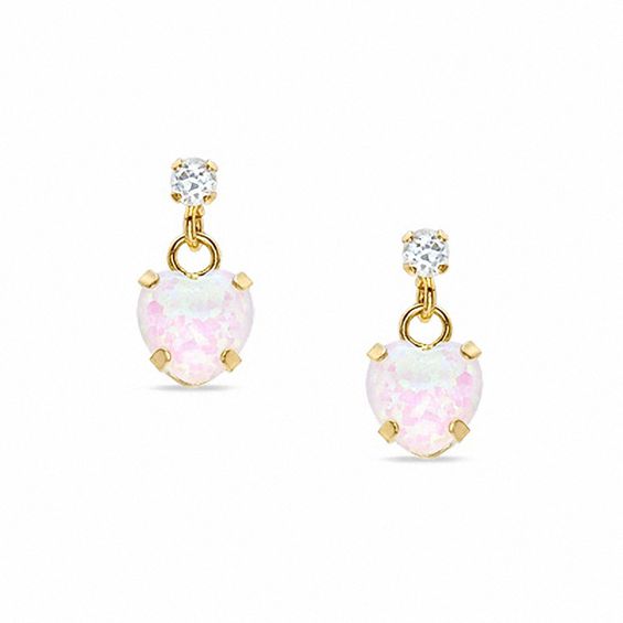 5mm Heart-Shaped Lab-Created Opal Drop Earrings in 10K Gold with CZ's