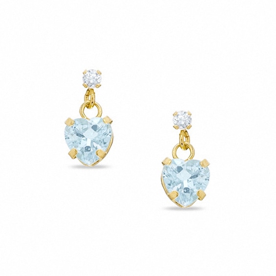 5mm Heart-Shaped Aquamarine Drop Earrings in 10K Gold with CZ