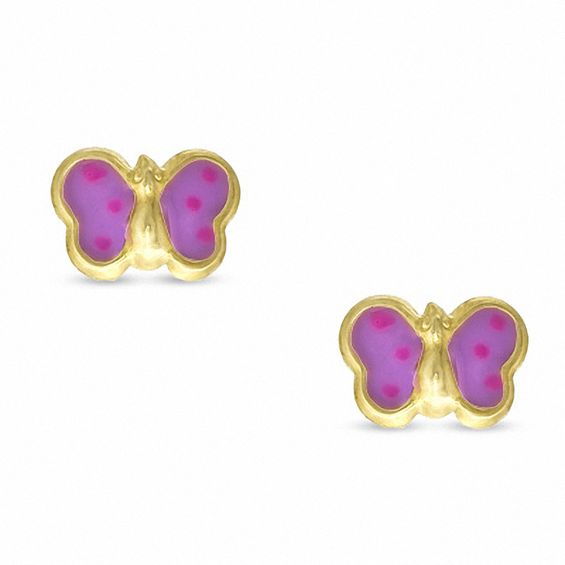 Child's Pink Enamel Butterfly Stud Earrings in 10K Gold