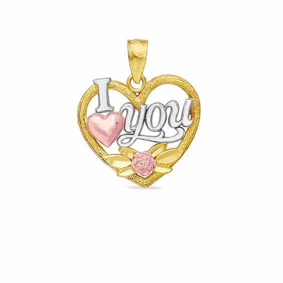 Diamond-Cut "I Heart You" Heart Outline Tri-Tone Necklace Charm in 10K Gold