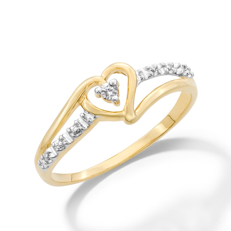 Main Image 3 of Diamond Accent Solitaire Heart Beaded Ribbon Split Shank Ring in 10K Two-Tone Gold
