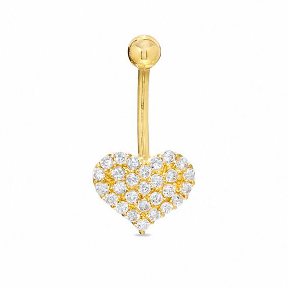 014 Gauge Cubic Zirconia Puff Heart Belly Button Ring in 10K Gold