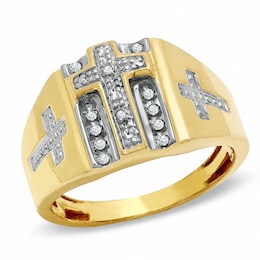 1/10 CT. T.W. Diamond Beaded Cross Ring in Sterling Silver with 14K Gold Plate