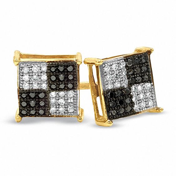1/5 CT. T.W. Enhanced Black and White Diamond Checker Earrings in 10K Gold