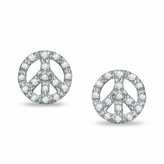 Cubic Zirconia Peace Sign Stud Earrings in Sterling Silver