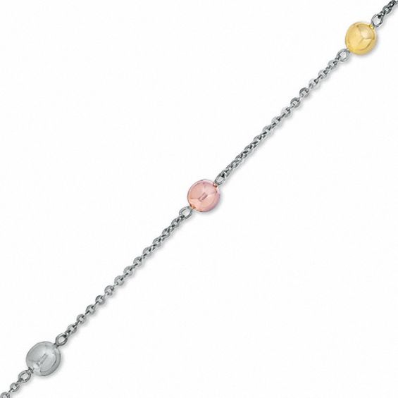 10K Tri-Tone Gold and Sterling Silver Bead Anklet