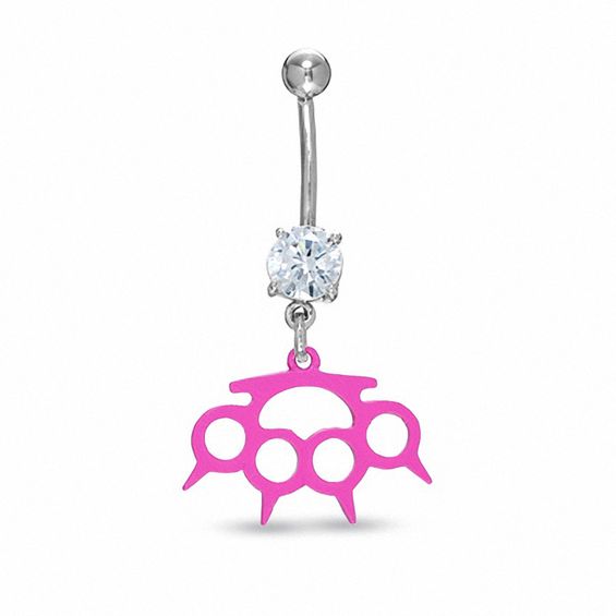 014 Gauge Pink Spiked Brass Knuckles Belly Button Ring with Cubic Zirconia in Stainless Steel