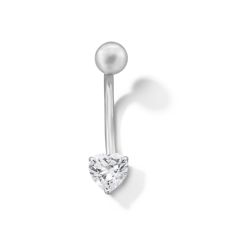 Main Image 1 of 10K Semi-Solid White Gold CZ Heart Belly Button Ring - 14G 3/8&quot;