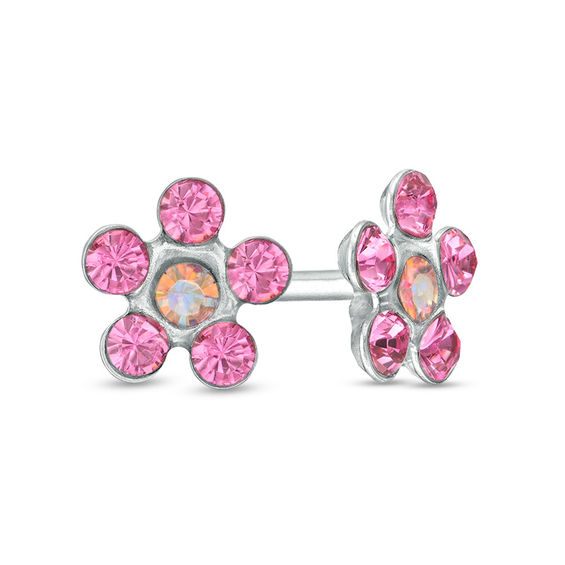 Rose Crystal Daisy Stud Piercing Earrings in 14K Solid White Gold