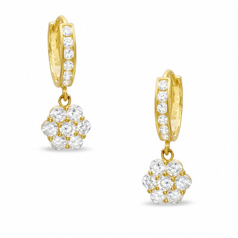 Cubic Zirconia Huggie with Flower Dangle Earrings in 10K Gold | Banter