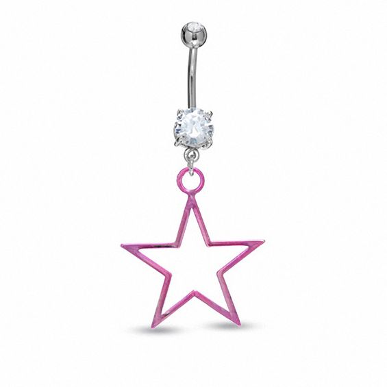 014 Gauge Pink Star Belly Button Ring with Cubic Zirconia in Stainless Steel