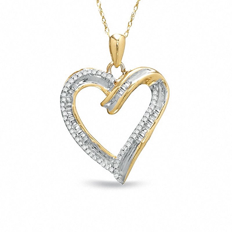 1/4 CT. T.W. Round and Baguette Diamond Heart Pendant in 10K Gold | Banter