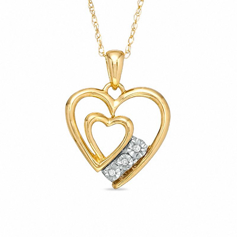 Diamond Accent Three Stone Double Heart Pendant in 10K Gold | Banter