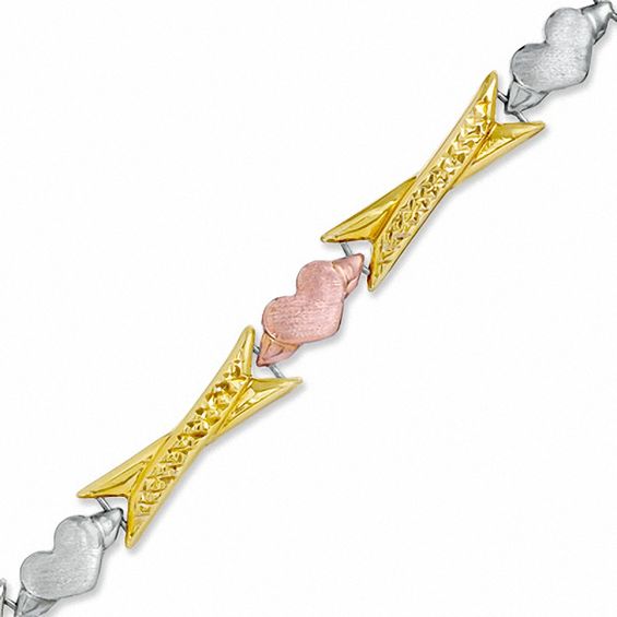 Elongated "X" and Heart Stampato Bracelet in Sterling Silver with 10K Tri-Tone Gold Plate - 7.25"