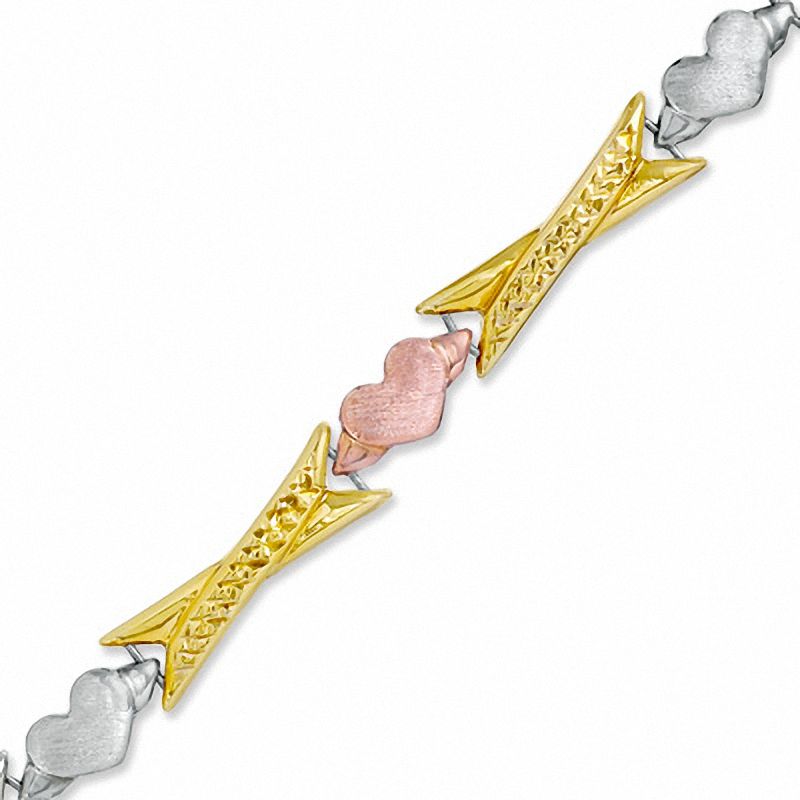 Main Image 1 of Elongated &quot;X&quot; and Heart Stampato Bracelet in Sterling Silver with 10K Tri-Tone Gold Plate - 7.25&quot;