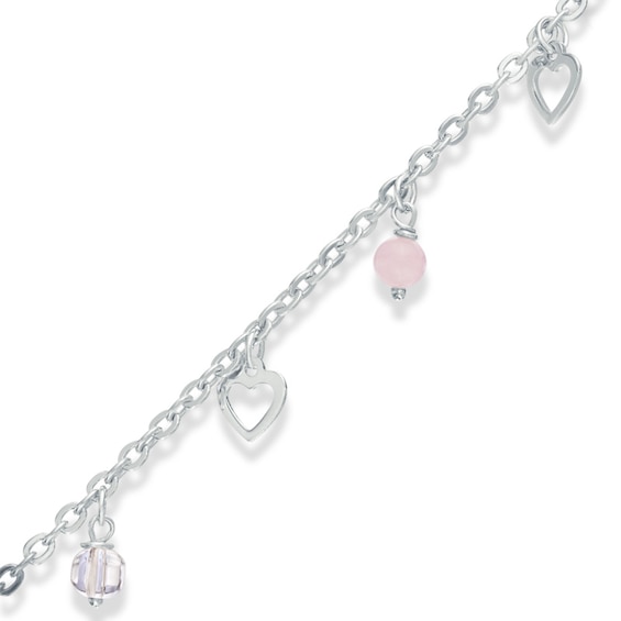 Lab-Created Rose and White Quartz Heart Dangle Anklet in Sterling Silver - 10"