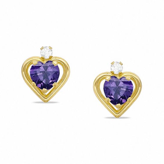 5mm Heart-Shaped Simulated Amethyst Stud Earrings in Sterling Silver with 14K Gold Plate with CZ