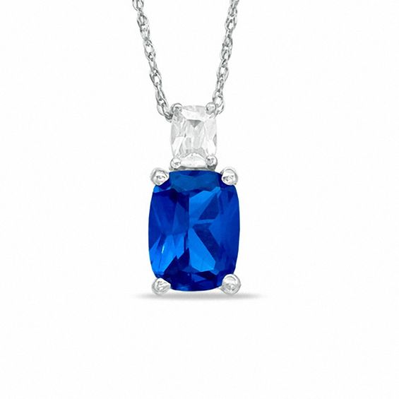 Cushion-Cut Simulated Sapphire Pendant in Sterling Silver with CZ