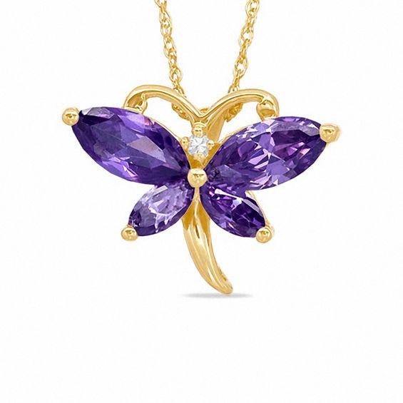 Marquise Simulated Amethyst and CZ Butterfly Pendant in Sterling Silver with 14K Gold Plate