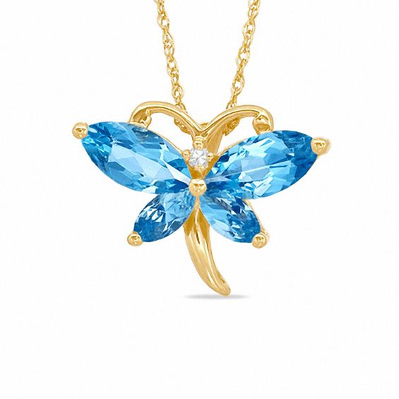 Marquise Simulated Blue Topaz and CZ Butterfly Pendant in Sterling Silver with 14K Gold Plate