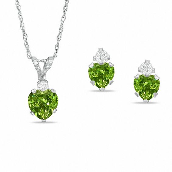 Heart-Shaped Simulated Peridot Pendant and Stud Earrings Set in Sterling Silver with CZ