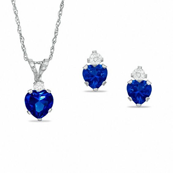 Heart-Shaped Simulated Sapphire Pendant and Stud Earrings Set in Sterling Silver with CZ
