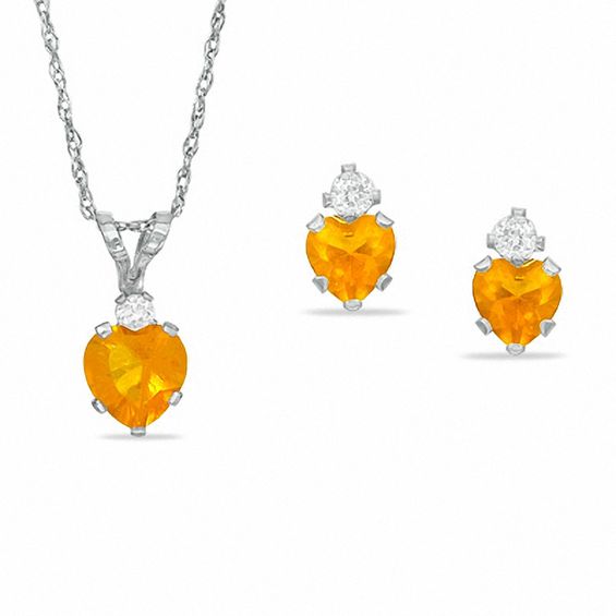 Heart-Shaped Simulated Citrine Pendant and Stud Earrings Set in Sterling Silver with CZ