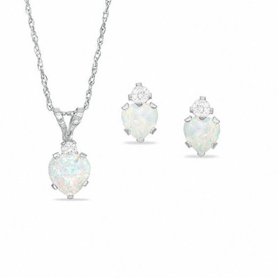 Heart-Shaped Simulated Opal Pendant and Earrings Set in Sterling Silver with CZ