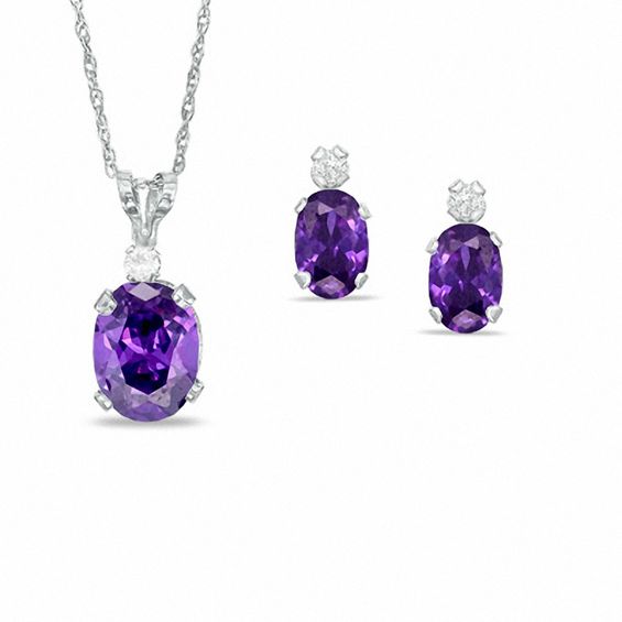 Oval Simulated Amethyst Pendant and Earrings Set in Sterling Silver with CZ